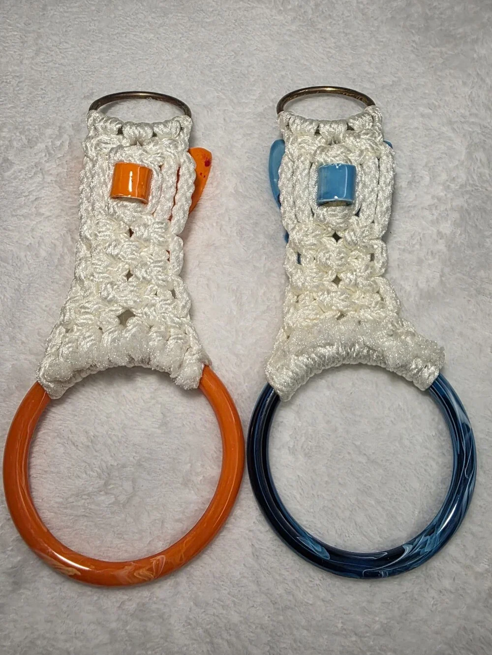 Pair Of Vintage Macrame Kitchen Towel Holders With Butterfly Accents Orange Blue